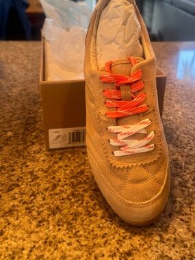 Dolce Vita Camel Suede Sneaker with Orange and White Laces